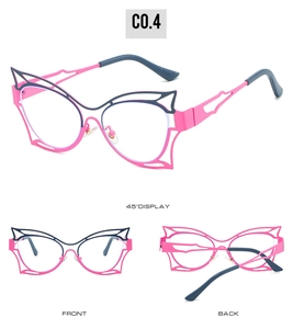 Three-angle display of cat-eye frames featuring pink and blue hollowed-out multi-layer design