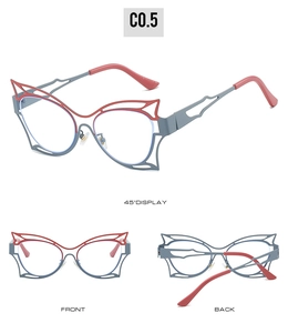Three-view layout of cat-eye eyewear frames in grey blue and red contrast colors