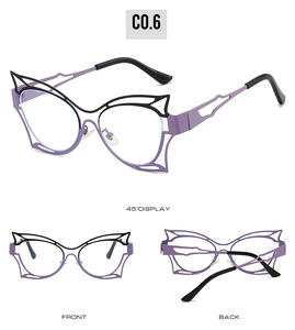 Detail view of oversized cat-eye glasses frame with purple flame cutout design