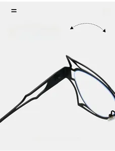 Macro view of durable metal hinge on black geometric cat-eye eyeglass frames