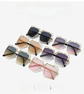 Detailed row of luxury metal sunglasses in multiple color gradients and gold frames