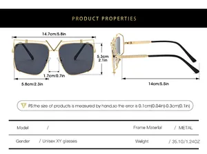 Size chart showing metal sunglasses dimensions: 14.7cm width, 5.3cm lens height, and 35.1g weight