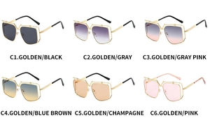 Detailed grid of oversized metal sunglasses in six different lens colors and gold frames