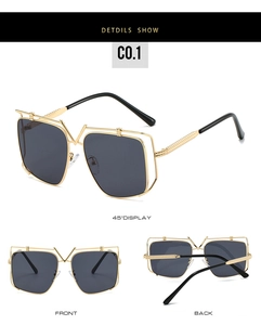 Detailed views of gold metal sunglasses with V-bridge accent and dark grey lenses
