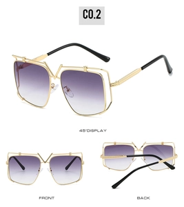 Three-way view of square metal sunglasses with V-shape bridge and purple gradient lenses
