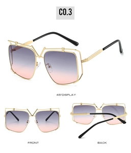 Detailed views showing gold metal frames with V-shape design and purple gradient lenses