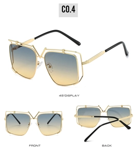 Detail showing front, back, and side views of gold square sunglasses with V-bridge