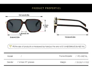 Detailed size chart for PC and metal frame sunglasses showing lens and temple dimensions