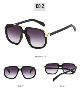 Three views of square oversized sunglasses with gold metal bridge and gradient purple lenses
