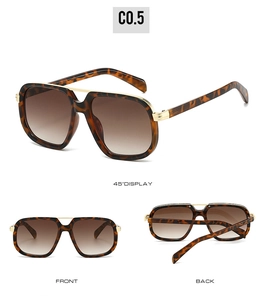 Three-view layout of large square sunglasses with tortoise frame and gold double bridge details