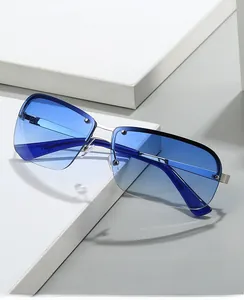 Détail de lunettes de sport demi-cerclées avec verres dégradés bleus et pont en métal argent