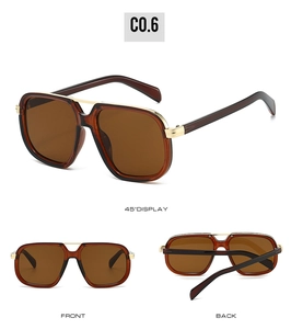 Detailed multi-angle views of amber oversized pilot sunglasses with gold metal accents