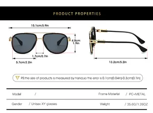 Detailed size chart for retro pilot sunglasses with frame and lens measurements
