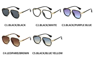 Matrix display of five stylish aviator sunglasses in various frame and lens colors