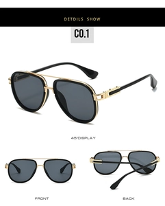 Classic aviator sunglasses in gold and black metal frame with side view and back views