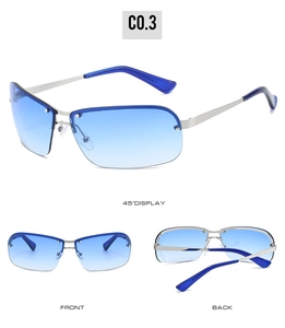 Vues sous trois angles de lunettes de soleil sport sans monture avec dégradé bleu