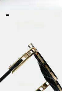 Macro detail of high-quality golden metal hinges on lightweight black sunglasses frames