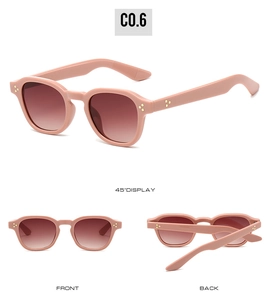 Vista multi-angolo di occhiali da sole ovali vintage rosa cipria con lenti sfumate