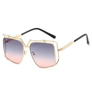 Luxury oversized gold metal sunglasses with gradient purple pink lenses and V-shaped bridge