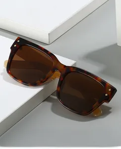 Detail of tortoiseshell square sunglasses with golden rivets on a white geometric platform