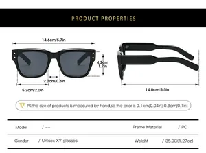 Size chart showing dimensions for square sunglasses with PC frame and rivet details