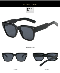 Detail view of square black sunglasses with golden diamond studs and multiple angles