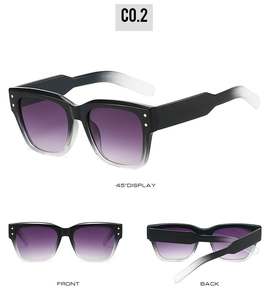 Detail view of square sunglasses with gradient frames and metal rivet accents