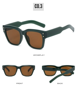 Detailed views of square dark green sunglasses with brown lenses and golden rivet accents