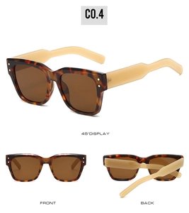 Detailed views of square tortoiseshell sunglasses with beige temples and brown lenses