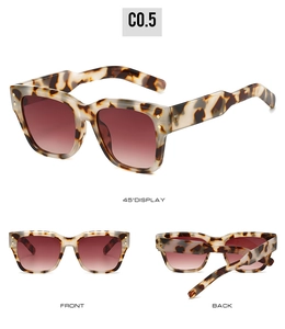 Detailed multi-angle views of square leopard tortoiseshell sunglasses with rivet accents