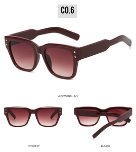Three-way view of wine red square sunglasses with gold rivets and gradient lenses