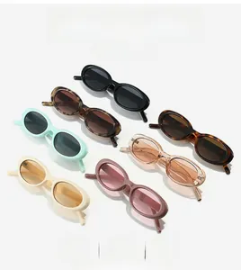 Flat lay of retro oval sunglasses in multiple colors including tortoiseshell and mint green