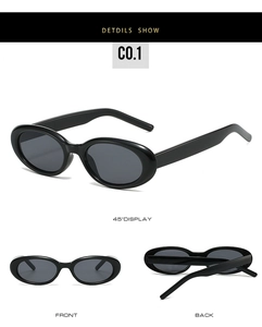 Three-angle display of oval vintage sunglasses with black frames and dark lenses