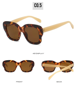 Vue sous trois angles de lunettes de soleil carrées en écaille avec branches jaunes et verres bruns