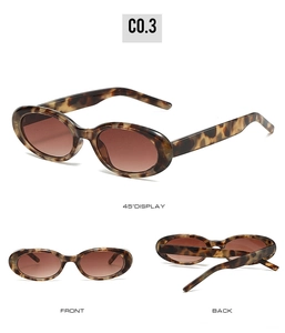 Detail view of oval tortoise shell sunglasses with brown gradient lenses and frame thickness