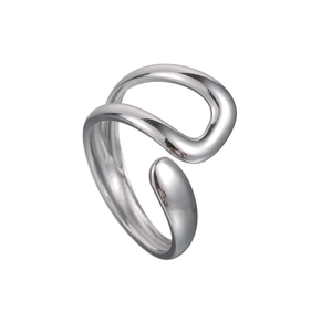 Macro detail of silver minimalist wave ring showing polished finish and open design