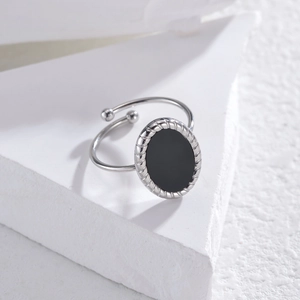 Minimalist stainless steel oval mother of pearl open ring with black stone on white stone