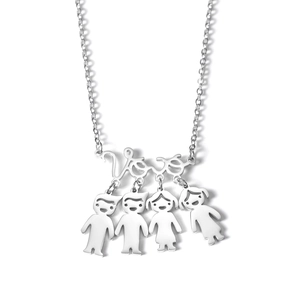 Detail of silver stainless steel necklace with Love pendant and four family member charms