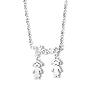 Detailed close-up of a silver stainless steel necklace with love text and girl pendants
