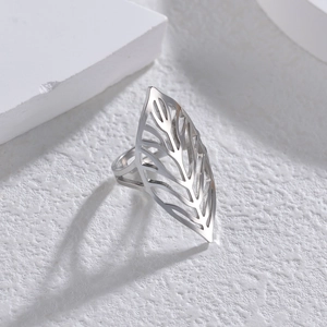 Minimalist silver leaf adjustable open ring in stainless steel with hollow leaf pattern