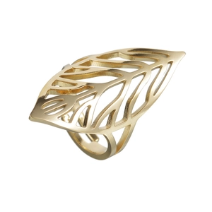 Minimalist golden leaf-shaped hollow ring made of polished stainless steel for women