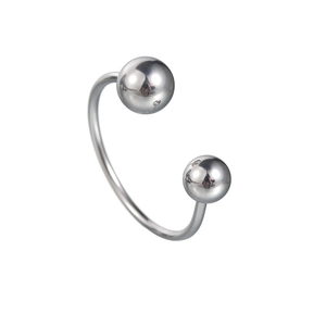 Polished silver stainless steel open ring with two solid metal beads and high-gloss finish