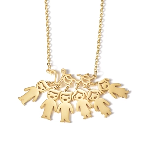 Gold stainless steel necklace with six personalized family figure charms on white background