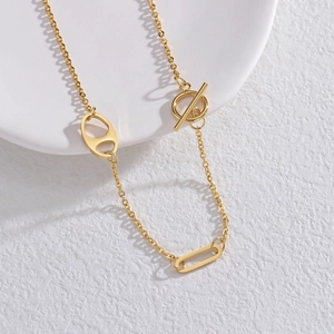 Geometric Toggle Clasp Necklace Gold Plated Stainless Steel Pig Nose Link Minimalist Trendy Jewelry For Women