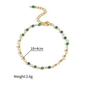 Minimalist gold-plated stainless steel bracelet with green malachite beads 18+4cm