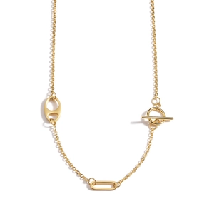 Gold stainless steel necklace featuring pig nose link and toggle clasp on white backdrop