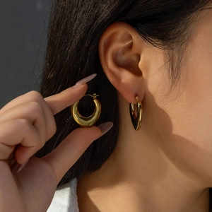 Créoles Cœur Goutte D'eau Bambou Texturées Acier Inoxydable Boucles D'oreilles Plaqué Or Rétro Polies Minimalistes