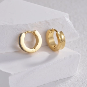 Minimalist 18K gold plated stainless steel huggie earrings with black enamel detail