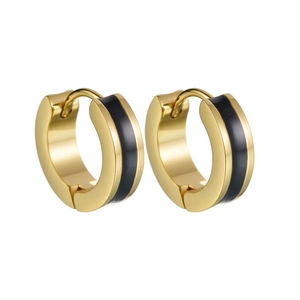 Minimalist gold hoop earrings with black enamel inlay and classic clasp closure