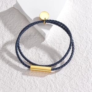 Bracelet pour homme tressé double rang bleu avec fermoir et breloque en métal doré
